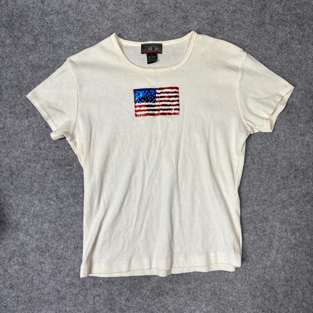 New York Style Sequin American Flag T-Shirt Cream Cotton USA Made XL Womens